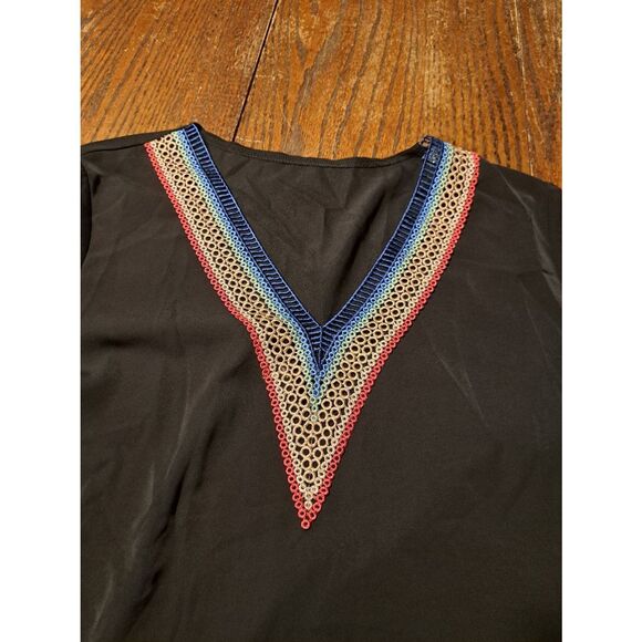 SHEIN Women's Small Deep V-Neck Lace Long Sleeve Blouse Black Floral Pullover - Picture 2 of 5